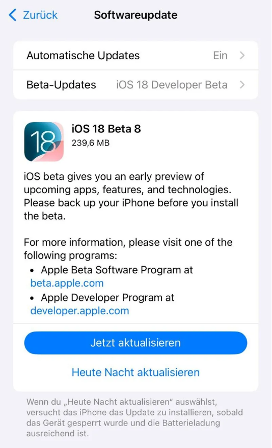 耀州苹果手机维修分享苹果 iOS / iPadOS 18 开发者预览版 Beta 8 发布 